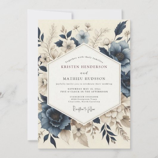 Slate Blue Muted Bloom Wedding Kaart (Voorkant)