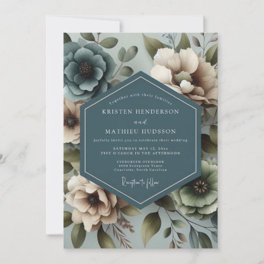 Slate Blue Muted Floral Wedding Kaart (Voorkant)