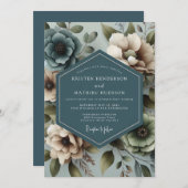 Slate Blue Muted Floral Wedding Kaart (Voorkant / Achterkant)