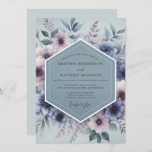 Slate Blue Mystical Bloom Wedding Kaart (Voorkant / Achterkant)