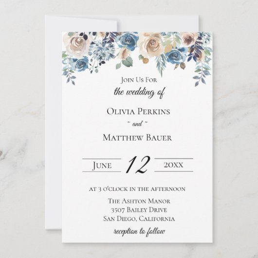 Slate Blue Neutral Floral Wedding Invitation Kaart (Voorkant)