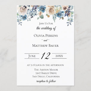 Slate Blue Neutral Floral Wedding Invitation Kaart