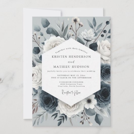 Slate Blue Nocturne Bloom Wedding Kaart (Voorkant)