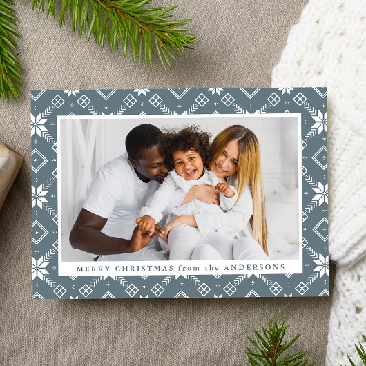 Slate Blue Nordic Snowflake Patroon Foto Feestdagenkaart