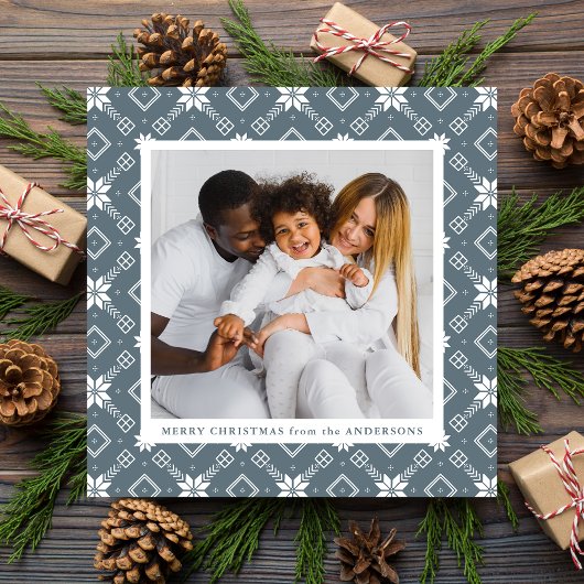 Slate Blue Nordic Snowflake Patroon Foto Feestdagenkaart
