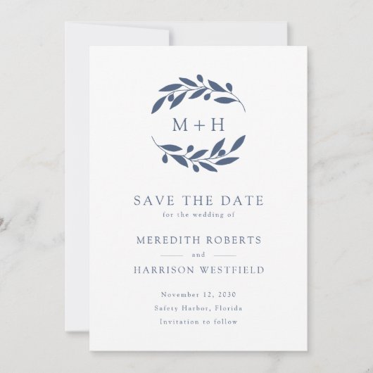 Slate Blue Olive Branch Monogram krans bruiloft Save The Date (Voorkant)