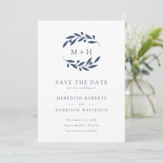 Slate Blue Olive Branch Monogram krans bruiloft Save The Date (Staand voorkant)