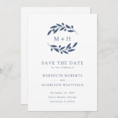Slate Blue Olive Branch Monogram krans bruiloft Save The Date (Voorkant / Achterkant)