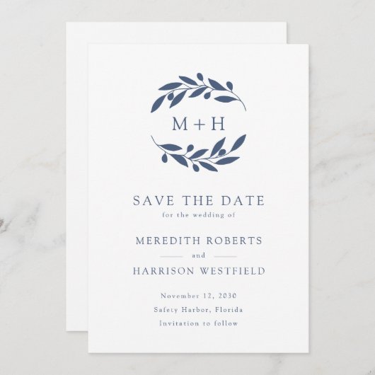 Slate Blue Olive Branch Monogram krans bruiloft Save The Date (Voorkant / Achterkant)
