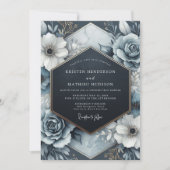 Slate Blue Opulent Bloom Wedding Kaart (Voorkant)