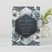 Slate Blue Opulent Bloom Wedding Kaart (Staand voorkant)