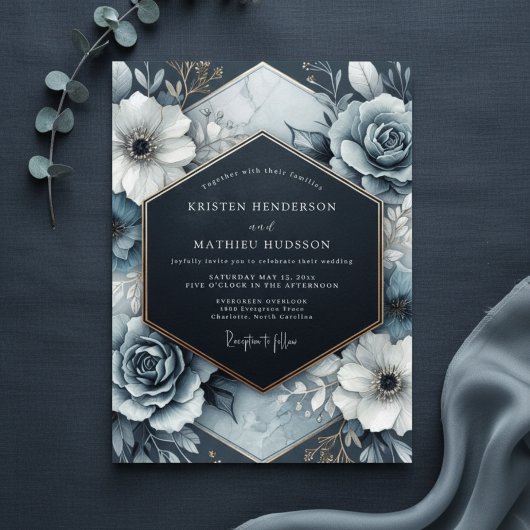 Slate Blue Opulent Bloom Wedding Kaart