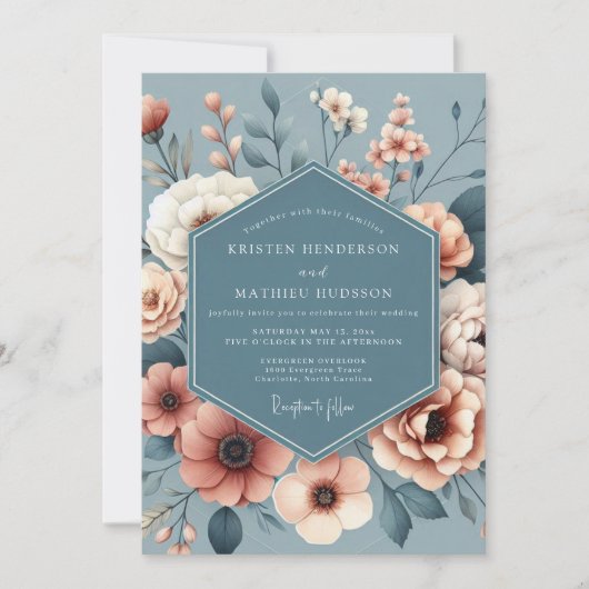 Slate Blue Painterly Bloom Wedding Kaart (Voorkant)