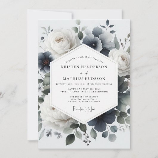 Slate Blue Painterly Flora Wedding Kaart (Voorkant)