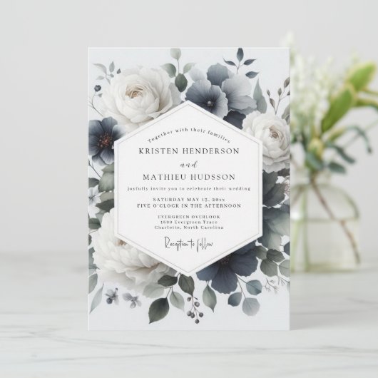 Slate Blue Painterly Flora Wedding Kaart (Staand voorkant)