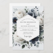 Slate Blue Painterly Flora Wedding Kaart (Voorkant / Achterkant)