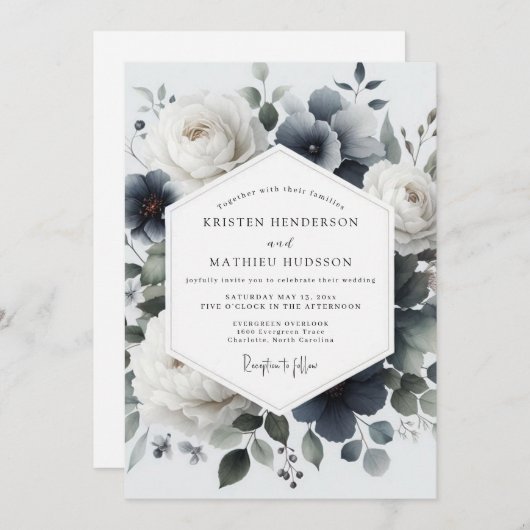 Slate Blue Painterly Flora Wedding Kaart (Voorkant / Achterkant)