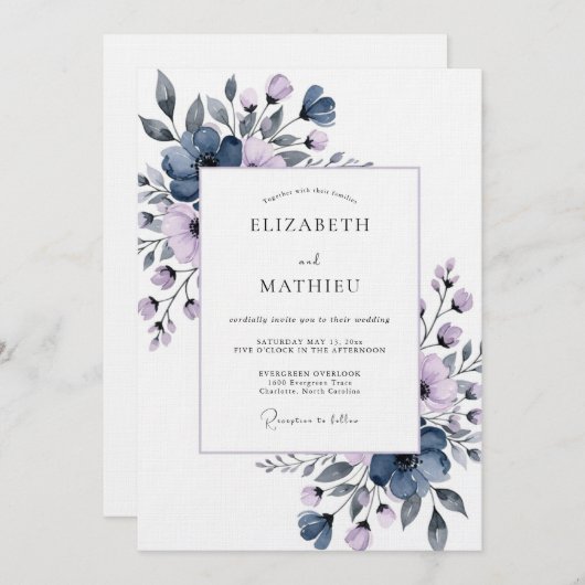 Slate Blue Painterly Flora Wedding Kaart (Voorkant / Achterkant)