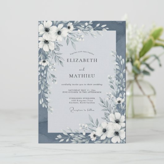 Slate Blue Painterly Floral Wedding Kaart (Staand voorkant)