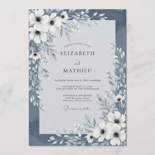 Slate Blue Painterly Floral Wedding Kaart (Voorkant)
