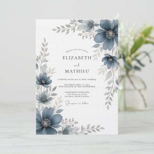 Slate Blue Painterly Romance Wedding Kaart (Staand voorkant)