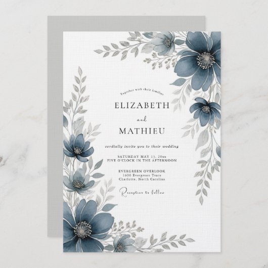 Slate Blue Painterly Romance Wedding Kaart (Voorkant / Achterkant)