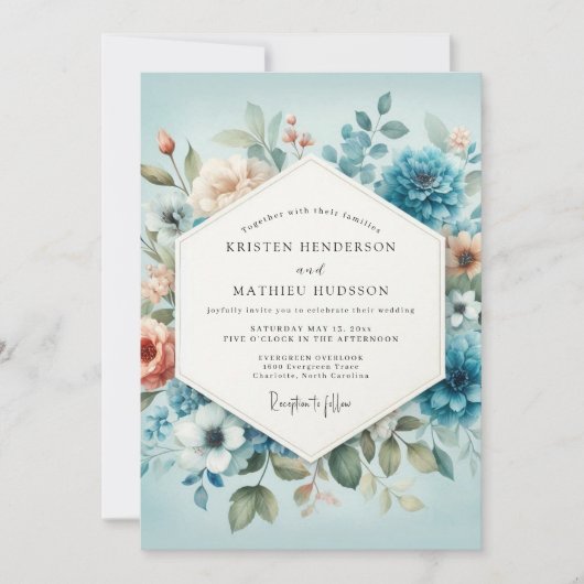 Slate Blue Peach Aquarelle Wedding Kaart (Voorkant)