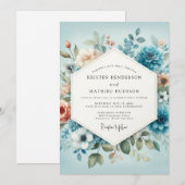 Slate Blue Peach Aquarelle Wedding Kaart (Voorkant / Achterkant)