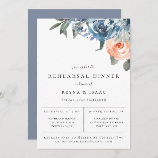 Slate Blue Peach Botanical Rehearsal Dinner Aankondiging (Voorkant / Achterkant)