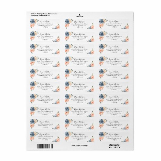 Slate Blue Peach Botanical Return Adres Label (Full Sheet)