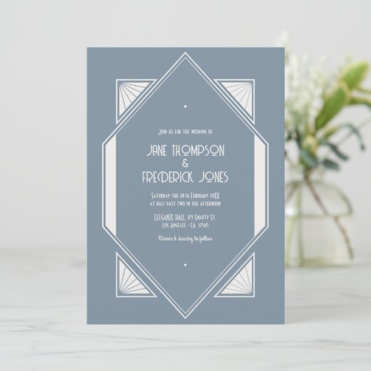 Slate Blue & Pearl White Art Deco Wedding Photo Kaart (Staand voorkant)