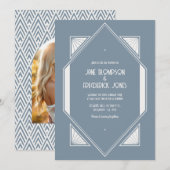 Slate Blue & Pearl White Art Deco Wedding Photo Kaart (Voorkant / Achterkant)