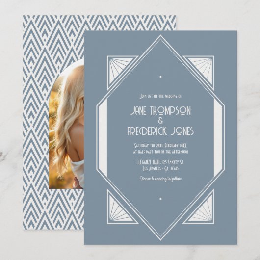 Slate Blue & Pearl White Art Deco Wedding Photo Kaart (Voorkant / Achterkant)