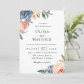 Slate Blue Perzik Botanische bruiloft Kaart (Staand voorkant)