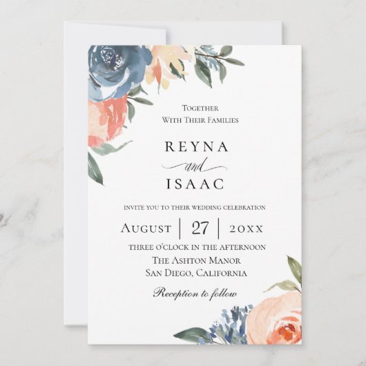 Slate Blue Perzik Botanische bruiloft Kaart (Voorkant)