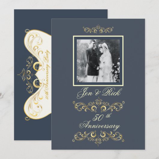 Slate Blue Photo Jubileum Kaart (Voorkant / Achterkant)