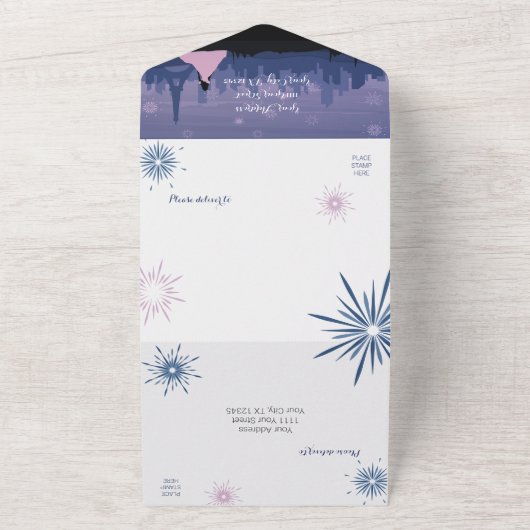 Slate Blue & Pink Paris Fireworks Quinceañera All In One Uitnodiging (Buitenkant)