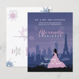 Slate Blue & Pink Paris Fireworks Quinceañera Briefkaart