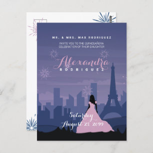 Slate Blue & Pink Paris Fireworks Quinceañera Briefkaart