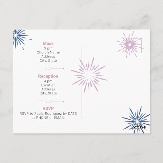 Slate Blue & Pink Paris Fireworks Quinceañera Briefkaart (Achterkant)