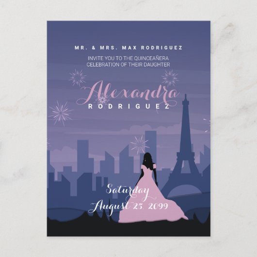 Slate Blue & Pink Paris Fireworks Quinceañera Briefkaart (Voorkant)