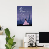 Slate Blue & Pink Paris Fireworks Quinceañera Poster (Thuiskantoor)