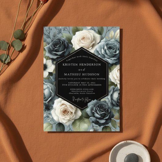 Slate Blue Rose Bloom Wedding Kaart
