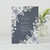 Slate Blue Rose Romance Wedding Kaart (Staand voorkant)