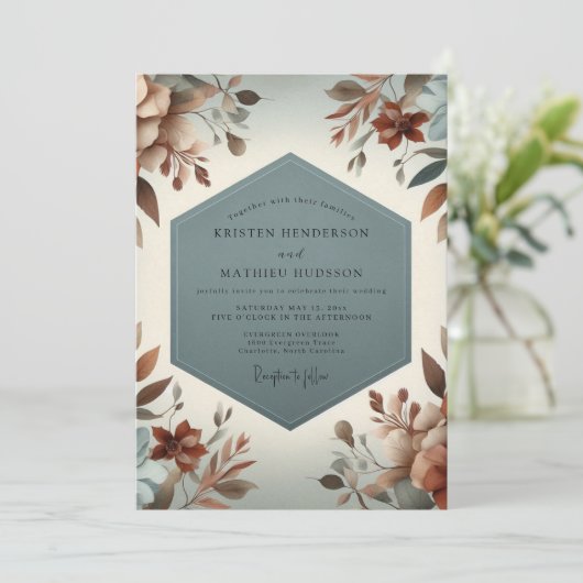 Slate Blue Rustic Bloom Wedding Kaart (Staand voorkant)