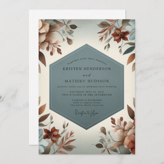 Slate Blue Rustic Bloom Wedding Kaart (Voorkant / Achterkant)
