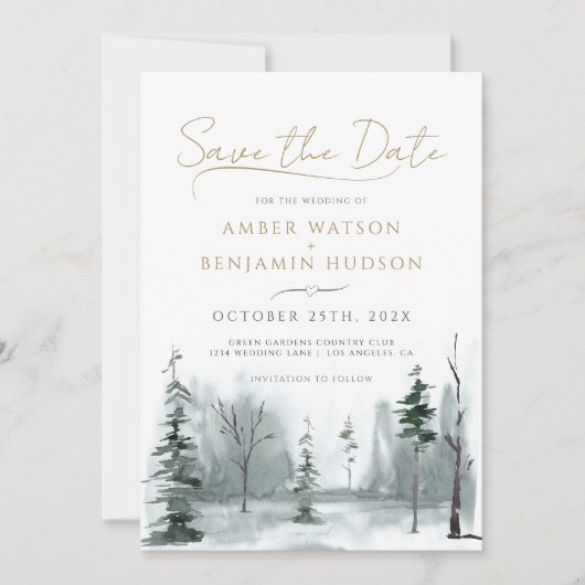 Slate Blue Save The Date WINTER Pine Forest Minima Kaart (Voorkant)