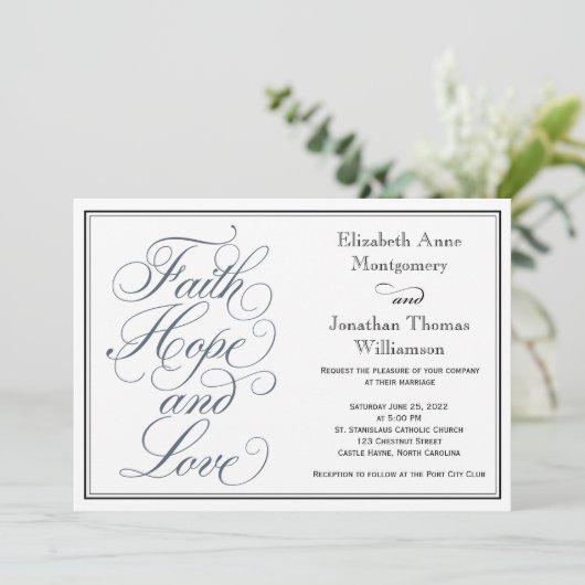 Slate Blue Script Faith Hope & Love Wedding Kaart (Staand voorkant)