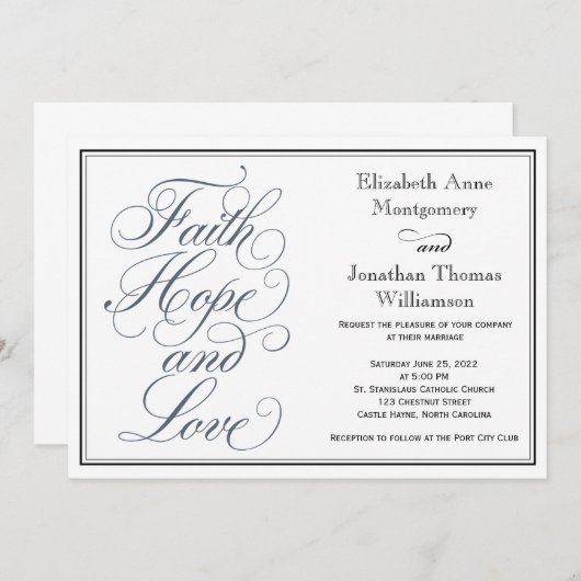 Slate Blue Script Faith Hope & Love Wedding Kaart (Voorkant / Achterkant)