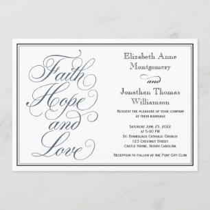 Slate Blue Script Faith Hope & Love Wedding Kaart